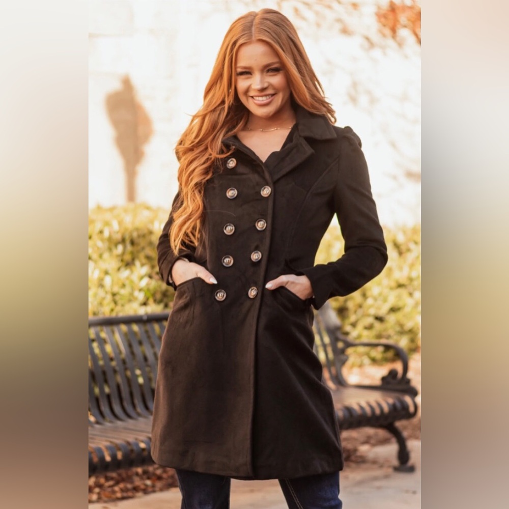 Black double button up long fleece coat